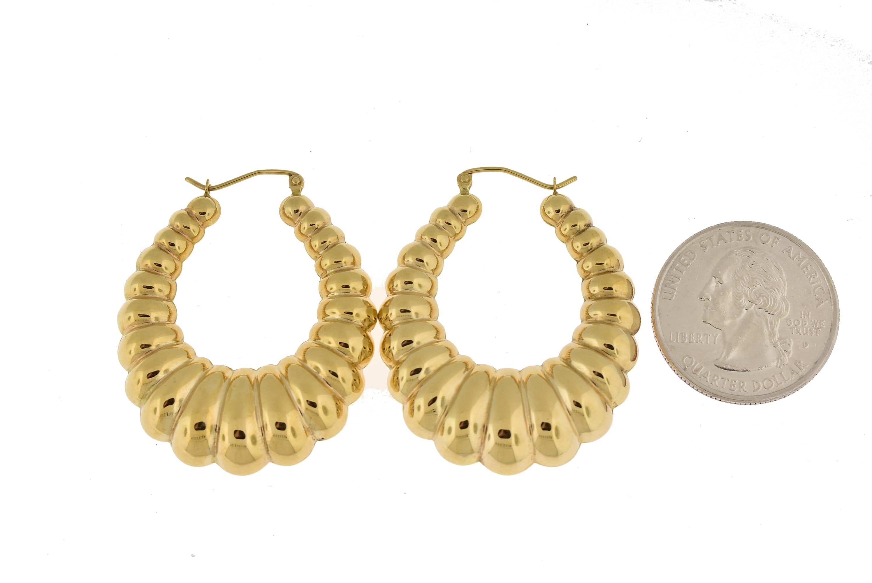 14K Yellow Gold Shrimp Scalloped Hoop Earrings Large
