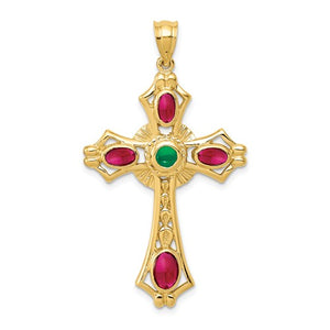 14k Yellow Gold with Genuine Ruby Emerald Cross Pendant Charm