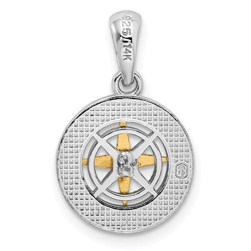 Sterling Silver and 14k Yellow Gold Nautical Compass Medallion Small Pendant Charm