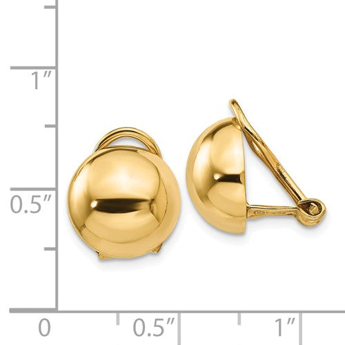 14k Yellow Gold Non Pierced Clip On Half Ball Omega Back Earrings 12mm