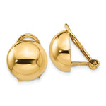 Cargar imagen en el visor de la galería, 14k Yellow Gold Non Pierced Clip On Half Ball Omega Back Earrings 12mm
