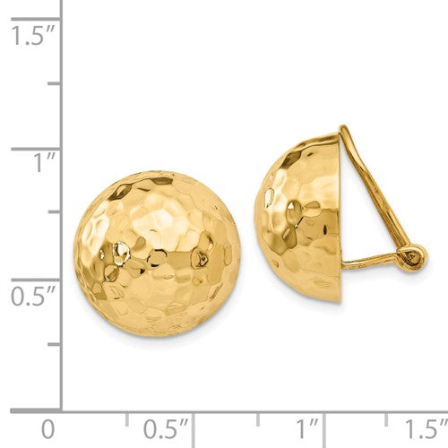 14k Yellow Gold Non Pierced Clip On Hammered Ball Omega Back Earrings 16mm