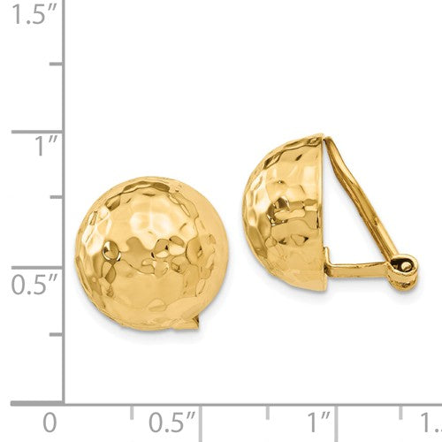 14k Yellow Gold Non Pierced Clip On Hammered Ball Omega Back Earrings 14mm