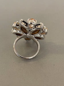 Sterling Silver Cubic Zirconia CZ Champagne Brown Flower Floral Cocktail Ring