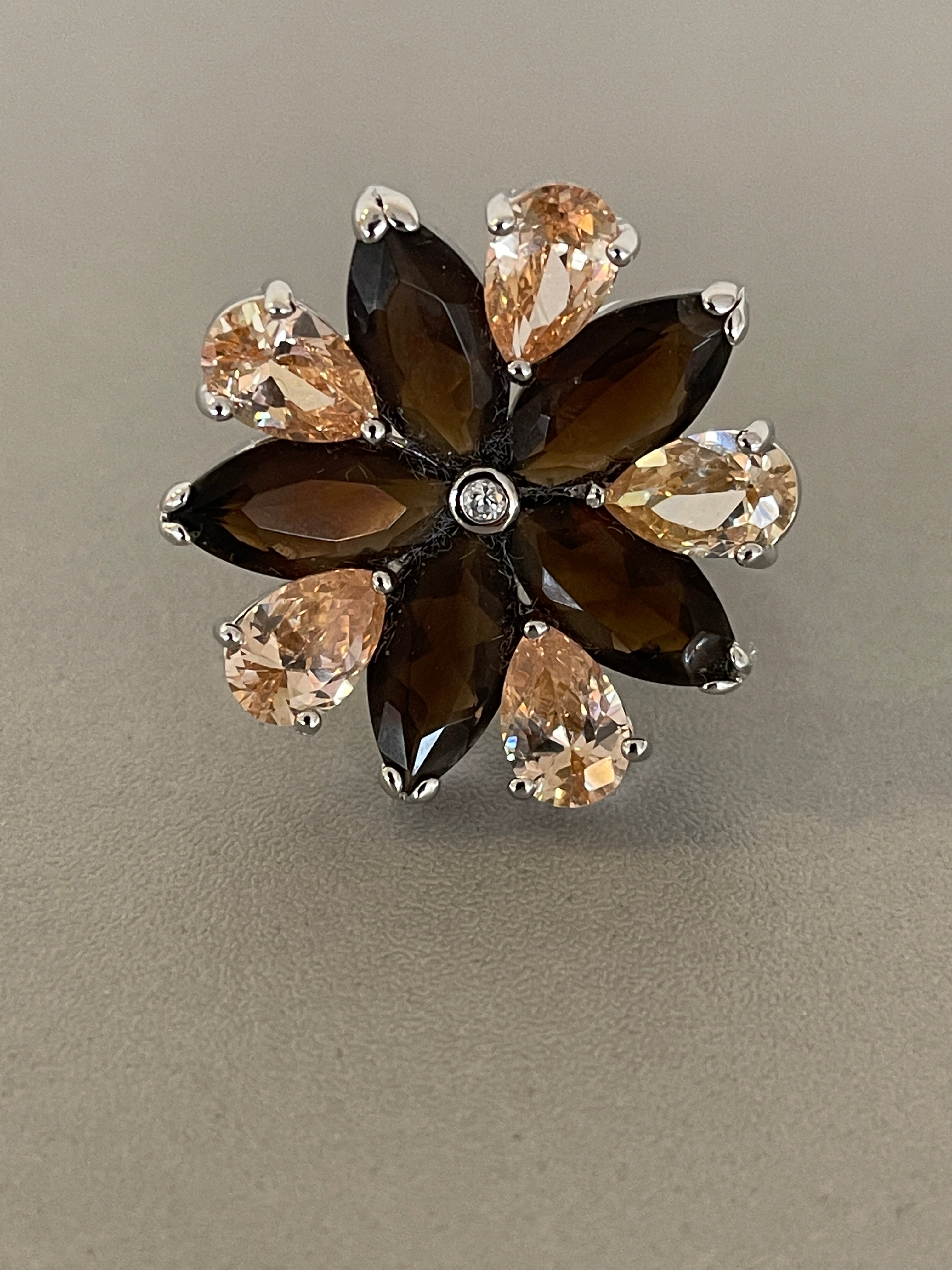 Sterling Silver Cubic Zirconia CZ Champagne Brown Flower Floral Cocktail Ring