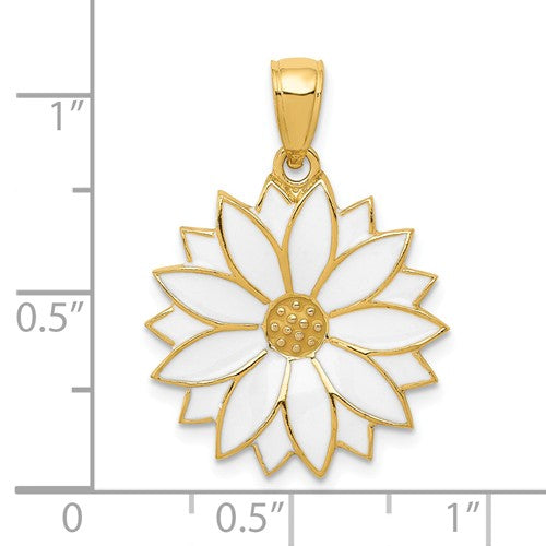 14k Yellow Gold with White Enamel Daisy Flower Floral Pendant Charm