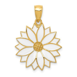 14k Yellow Gold with White Enamel Daisy Flower Floral Pendant Charm
