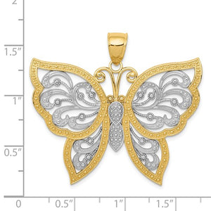 14k Yellow Gold and Rhodium Butterfly Diamond Cut Pendant Charm