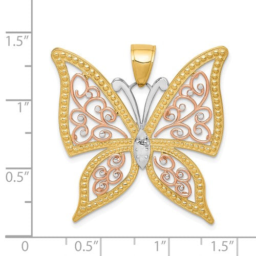 14k Yellow Rose Gold and Rhodium Butterfly Pendant Charm