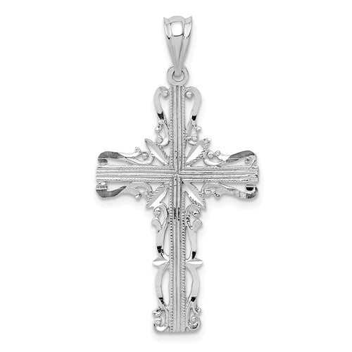 14k White Gold Diamond Cut Latin Cross Pendant Charm
