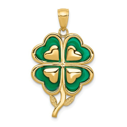 14k yellow gold green enamel good luck four leaf clover pendant charm