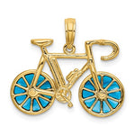 Lataa kuva Galleria-katseluun, 14k Yellow Gold Blue Enamel Bicycle Moveable 3D Pendant Charm
