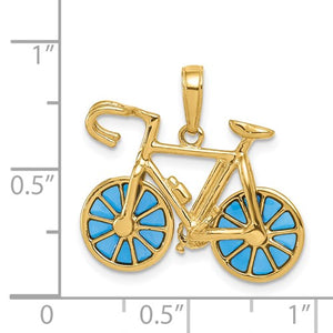 14k Yellow Gold Blue Enamel Bicycle Moveable 3D Pendant Charm