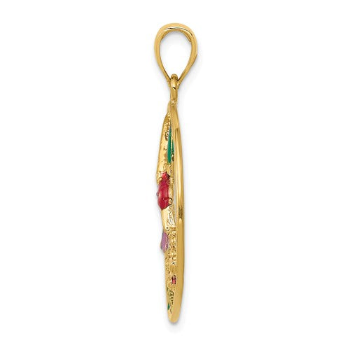 Lade das Bild in den Galerie-Viewer, 14k yellow gold enamel hummingbird flowers round pendant charm