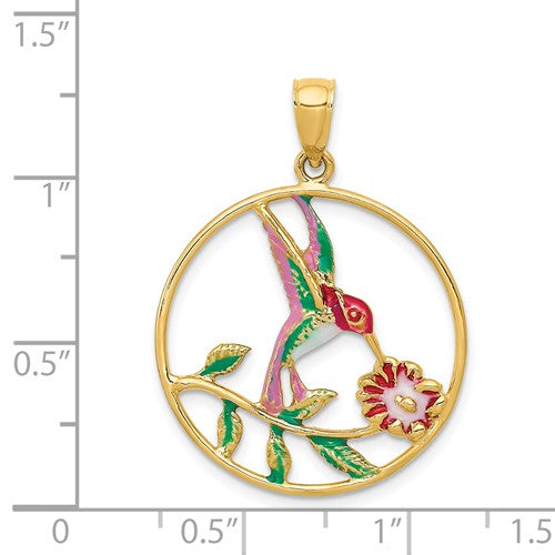 14k yellow gold enamel hummingbird flowers round pendant charm