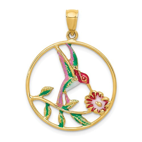 14k yellow gold enamel hummingbird flowers round pendant charm