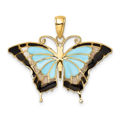 14k Yellow Gold with Enamel Blue Butterfly Pendant Charm