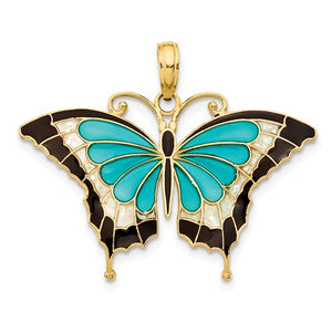 14k Yellow Gold with Enamel Blue Butterfly Pendant Charm