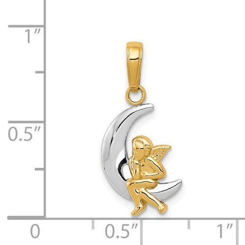 14k Yellow Gold Celestial Moon with Angel Pendant Charm