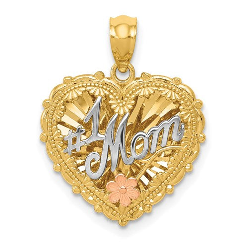 14k Gold Tri Color Mom Heart Pendant Charm