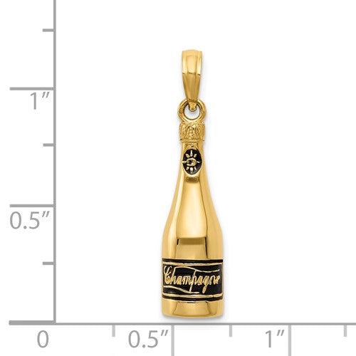 14k Yellow Gold Enamel Champagne Bottle 3D Pendant Charm