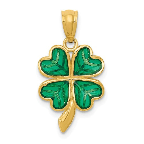 14k yellow gold green enamel good luck four leaf clover pendant charm