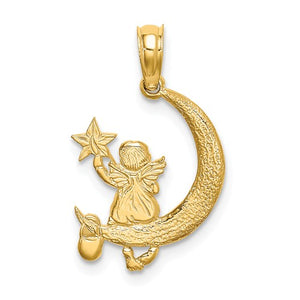 14k Yellow Gold Celestial Moon with Angel Holding Star Pendant Charm
