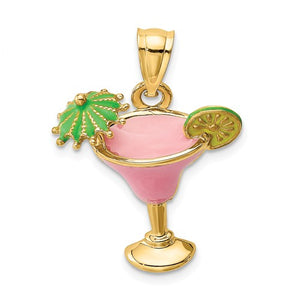 14k Yellow Gold Enamel Pink Margarita Cocktail Drink Pendant Charm