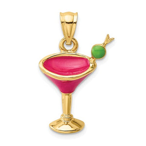14k Yellow Gold Enamel Fuchsia Pink Martini Cocktail Drink Pendant Charm