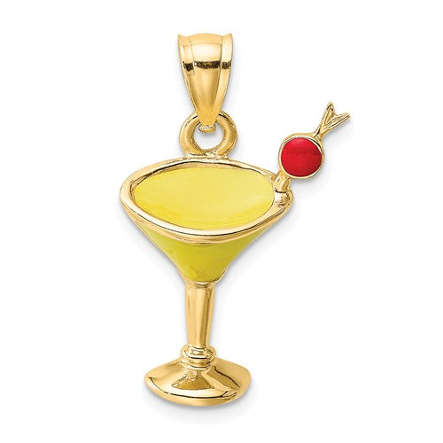 14k Yellow Gold Enamel Martini Cocktail Drink Pendant Charm