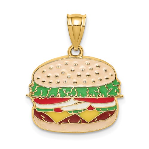 14k Yellow Gold Enamel Cheeseburger Hamburger Pendant Charm