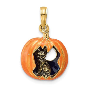 14k Yellow Gold Enamel Pumpkin Halloween Jack O Lantern Cat Pendant Charm