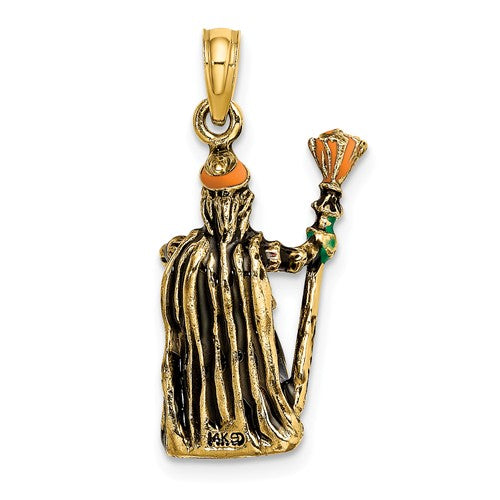 14k Yellow Gold Halloween Witch with Broom 3D Pendant Charm