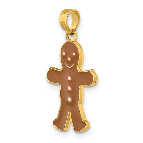 14k Yellow Gold Enamel Gingerbread Man Christmas Holiday 3D Pendant Charm