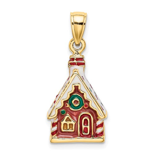 14k Yellow Gold Enamel Gingerbread House Holiday 3D Pendant Charm