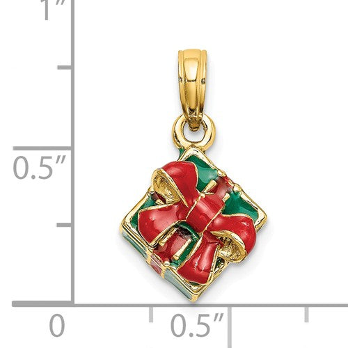 14k Yellow Gold Enamel Gift Box with Red Bow 3D Pendant Charm