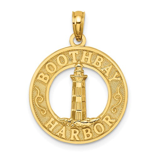 14k Yellow Gold Boothbay Harbor Lighthouse Round Circle Pendant Charm