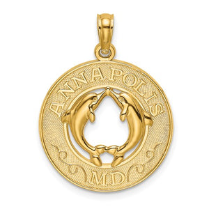 14k Yellow Gold Annapolis MD Dolphins Round Circle Pendant Charm