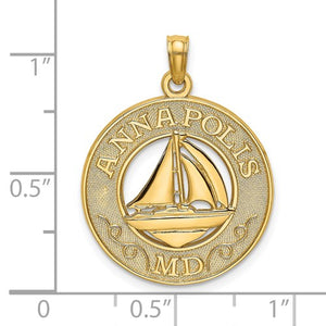 14k Yellow Gold Annapolis MD Sailboat Round Circle Pendant Charm