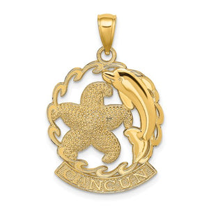 14k Yellow Gold Cancun Mexico Dolphin Starfish Travel Vacation Pendant Charm