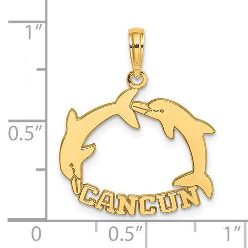 14k Yellow Gold Cancun Mexico Dolphins Travel Vacation Pendant Charm