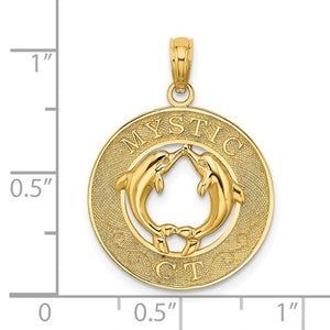 14k Yellow Gold Mystic CT Dolphins Round Circle Pendant Charm
