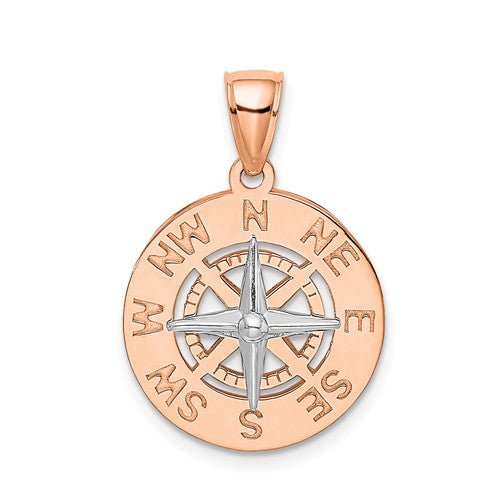 14k Rose White Gold Nautical Compass Medallion Pendant Charm