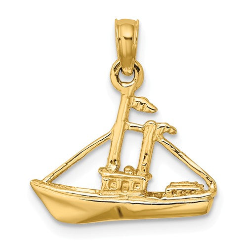 14k Yellow Gold Cargo Ship with Tugboat Sailing 3D Pendant Charm