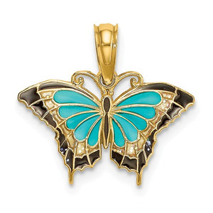 14k Yellow Gold with Enamel Blue Butterfly Small Pendant Charm