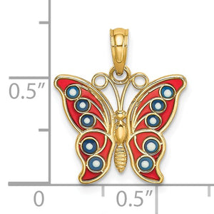 14k Yellow Gold with Enamel Red Blue Butterfly Pendant Charm