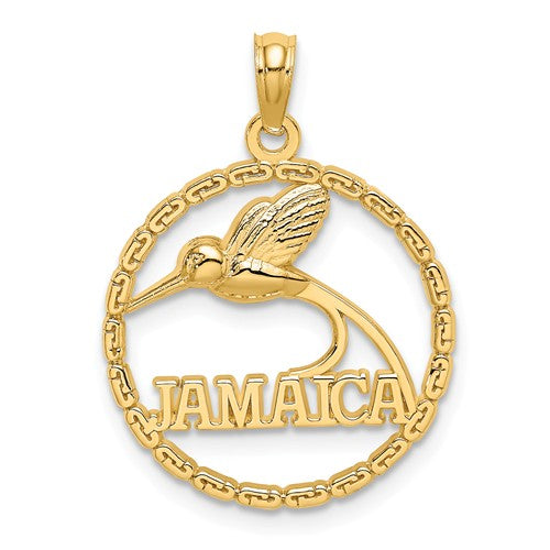 14k Yellow Gold Jamaica Hummingbird Circle Round Travel Pendant Charm