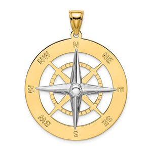14k Gold Two Tone Large Nautical Compass Medallion Pendant Charm