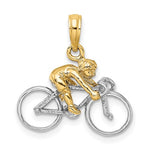 画像をギャラリービューアに読み込む, 14k Yellow Gold with Rhodium Bicycle with Rider Cyclist 3D Pendant Charm
