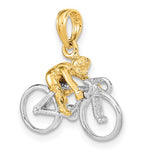 將圖片載入圖庫檢視器 14k Yellow Gold with Rhodium Bicycle with Rider Cyclist 3D Pendant Charm
